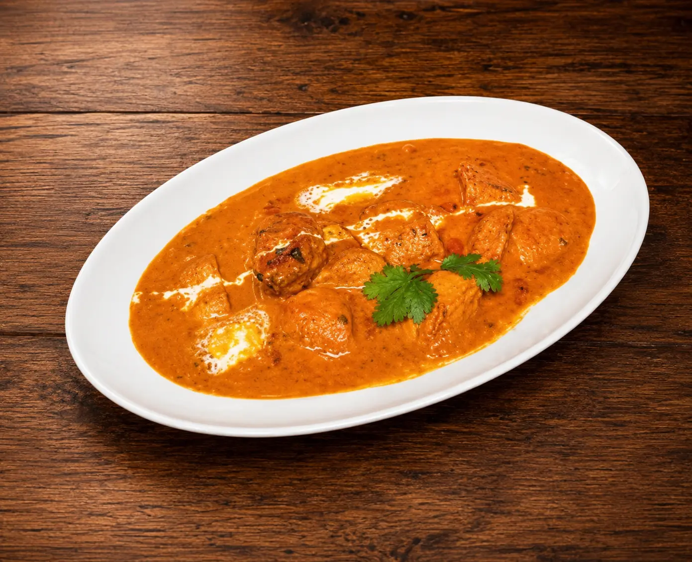Butter chicken curry served with fresh tandoori naan at Charisma Of India, Winnipeg